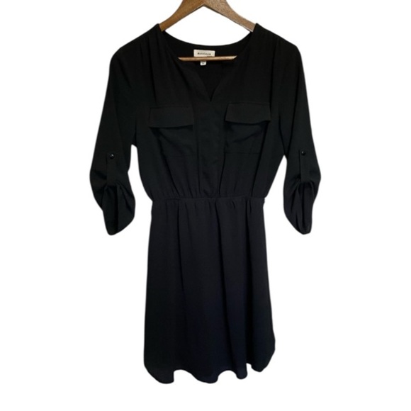 Monteau Los Angles Black V-Neck Cuffed Sleeve Dress Women’s Medium - Picture 1 of 9